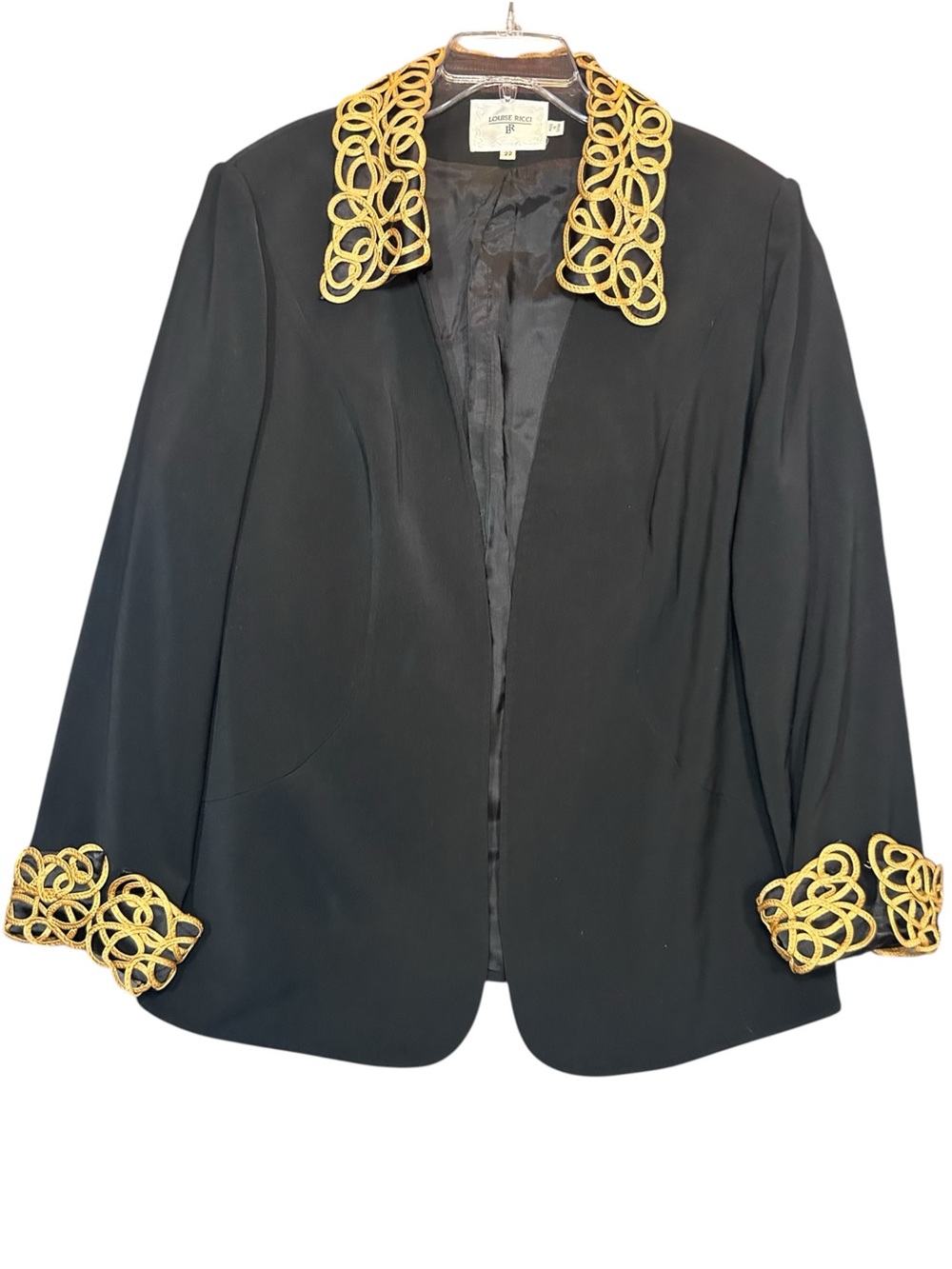 Original Louise Ricci Black evening Blazer. Size: 22. Gold loop trim